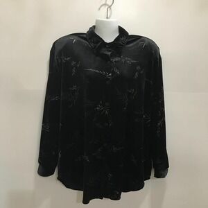 Caribou New York VTG Velvet Blk Button Down Shirt L Glitter Floral Shoulder Pads